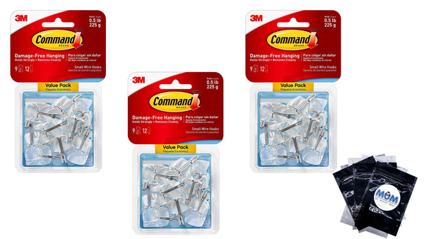 Small Wire Toggle Hooks, Clear, Damage-free Decorating, 3 pack, 9 hooks per pack, Command, plus 3 My Outlet Mall Resealable Storage Pouches