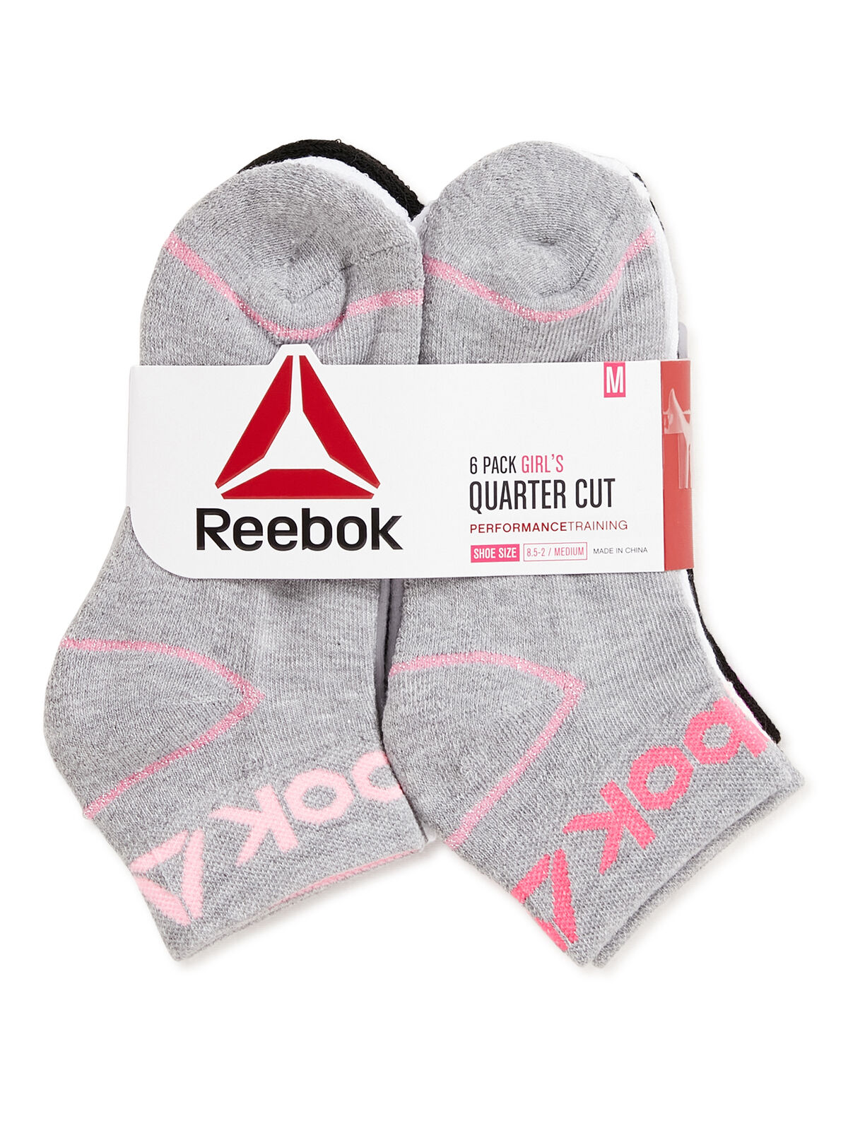 Reebok Girls Quarter Cut Socks 6-Pack Assorted Colors Gray
