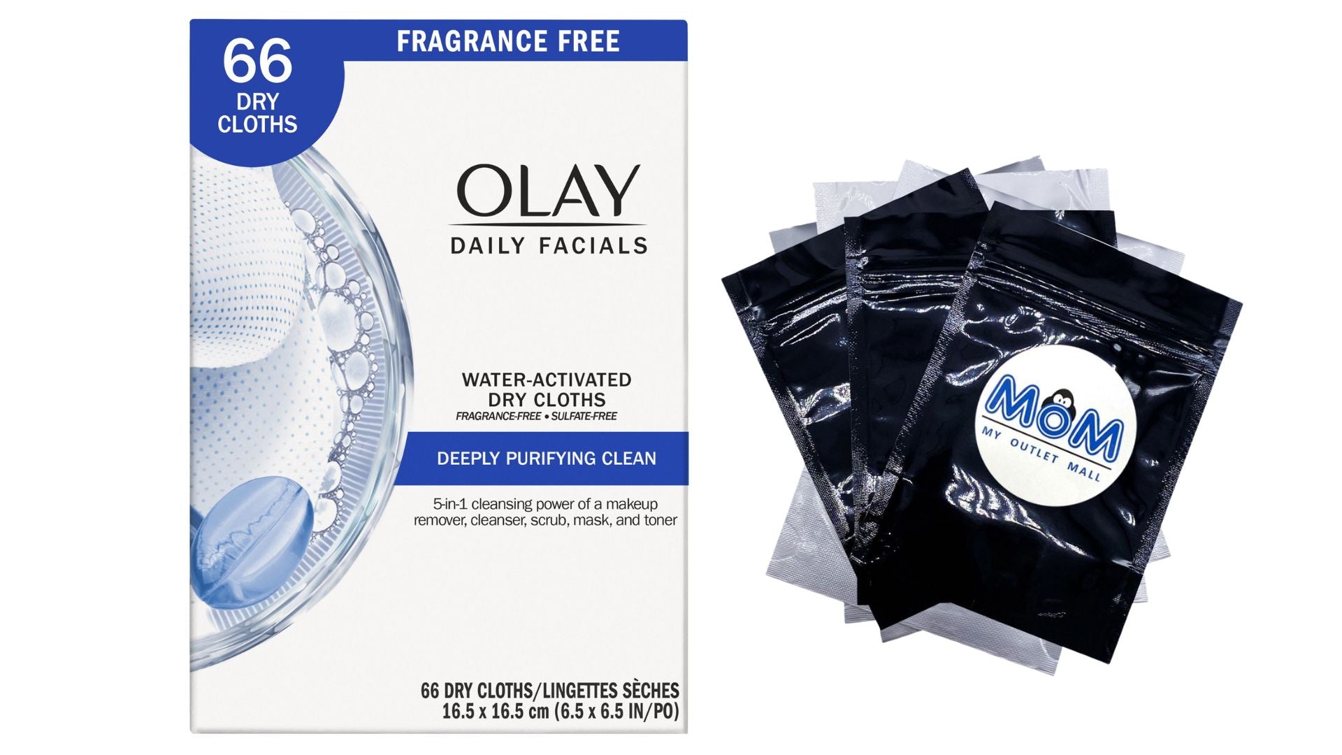 Olay Daily Deeply Purifying Cleansing Wipes Dry Cloth Face Wash and Makeup Remover Wipes  , Fragrance-Free - 1 pack - 66 count - plus 3 My Outlet Mall Resealable Storage Pouches