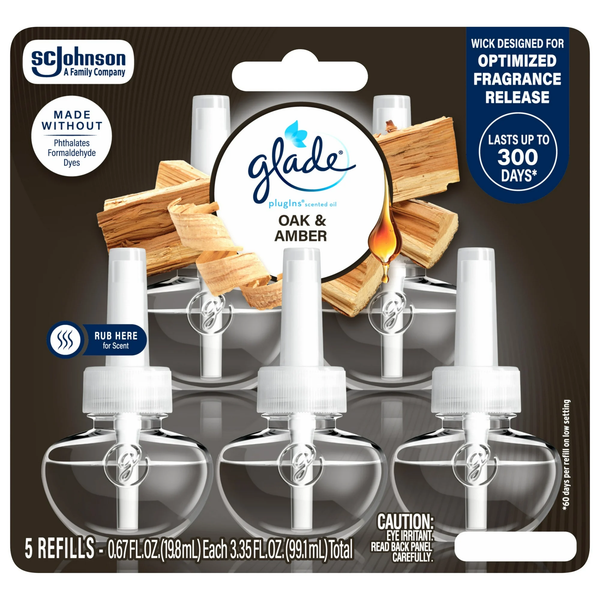 PlugIns Scented Oil 5 Refills, Air Freshener, Oak & Amber, Essential Oil Infused Wall Plug In, 3.35 oz - 1 pack - 5 Count  per pack plus 3 My Outlet Mall Resealable Storage Pouches