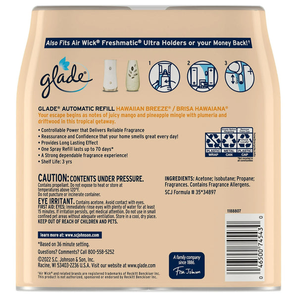 Automatic Spray Refills, Air Freshener, Infused with Essential Oils, Hawaiian Breeze - 1 pack - 2 count per pack - plus 3 My Outlet Mall Resealable Storage Pouches