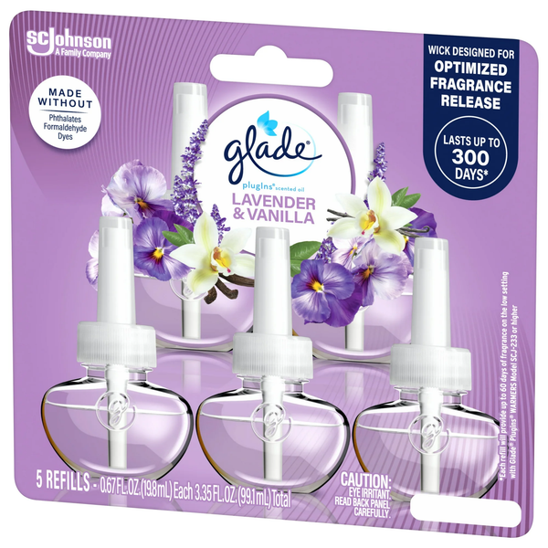 PlugIns Scented Oil 5 Refills, Air Freshener, Lavender & Vanilla Fragrance, Essential Oil Infused Wall Plug In, 3.35 oz - 3 packs - plus 3 My Outlet Mall Resealable Storage Pouches