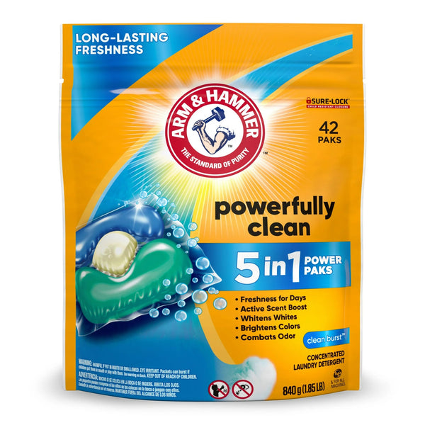 Clean Burst 5-in-1 Laundry Detergent Power Paks, Powerfully Clean, Clean Burst Scent - 2 packs - 42 Count - plus 3 My Outlet Mall Resealable Storage Pouches