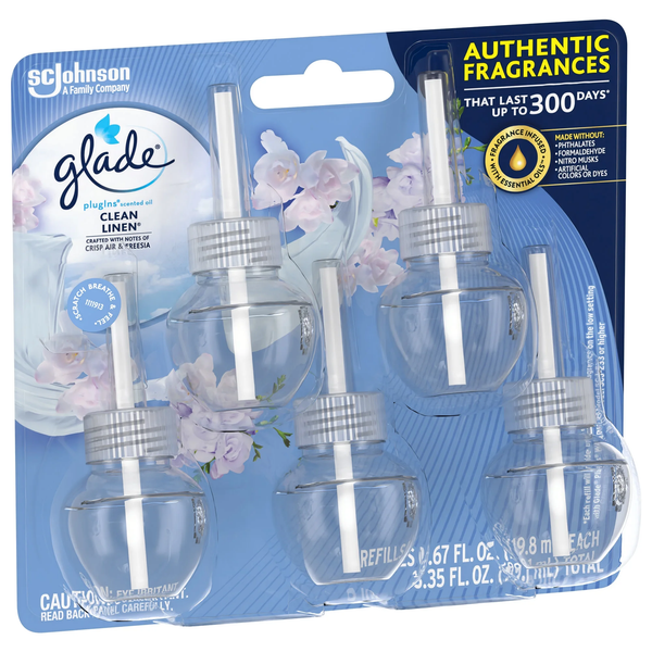 PlugIns Scented Oil, Air Freshener, Clean Linen, 0.67 oz - 1 pack - 5 Count per pack - plus 3 My Outlet Mall Resealable Storage Pouches