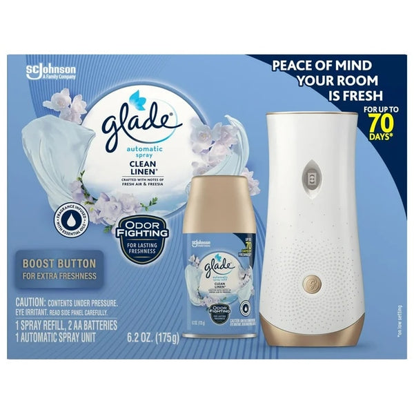 Automatic Spray Air Freshener Starter Kit, 1 Holder and 1 Refill, Clean Linen, Fragrance Infused with Essential Oils - 1 pack - plus 3 My Outlet Mall Resealable Storage Pouches