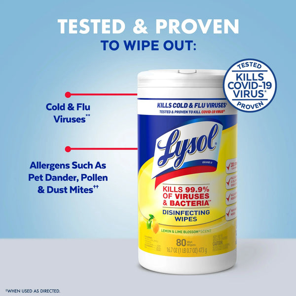 Disinfectant Wipes, Multi-Surface Antibacterial Cleaning Wipes, Lemon and Lime Blossom - 2 packs - 80 count per pack - plus 3 My Outlet Mall Resealable Storage Pouches