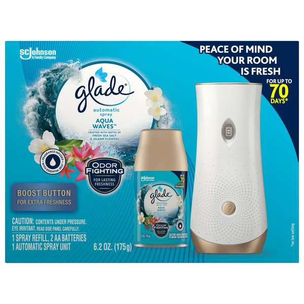 Automatic Spray Air Freshener Starter Kit, 1 Holder and 1 Refill, Aqua Waves, Fragrance Infused with Essential Oils - 2 packs -plus 3 My Outlet Mall Resealable Storage Pouches