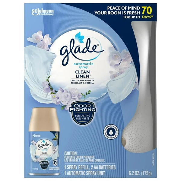 Automatic Spray Air Freshener Starter Kit, 1 Holder and 1 Refill, Clean Linen, Fragrance Infused with Essential Oils - 1 pack - plus 3 My Outlet Mall Resealable Storage Pouches