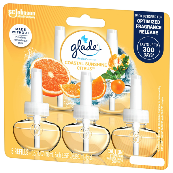 PlugIns Air Freshener Refills, Mothers Day Gifts, Coastal Sunshine Citrus, Infused with Essential Oils, 0.67 oz - 1 pack - 5 Count  per pack - plus 3 My Outlet Mall Resealable Storage Pouches