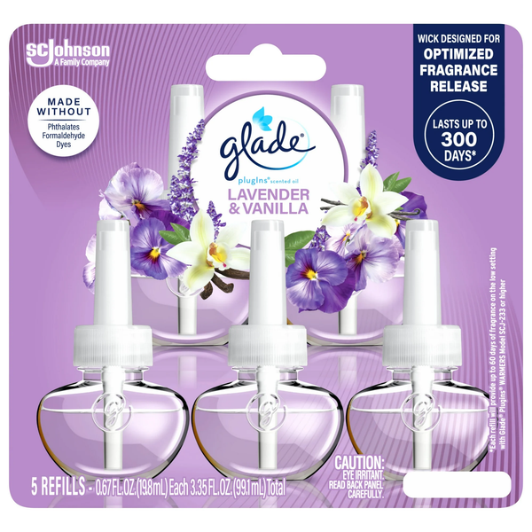 PlugIns Scented Oil 5 Refills, Air Freshener, Lavender & Vanilla Fragrance, Essential Oil Infused Wall Plug In, 3.35 oz - 3 packs - plus 3 My Outlet Mall Resealable Storage Pouches