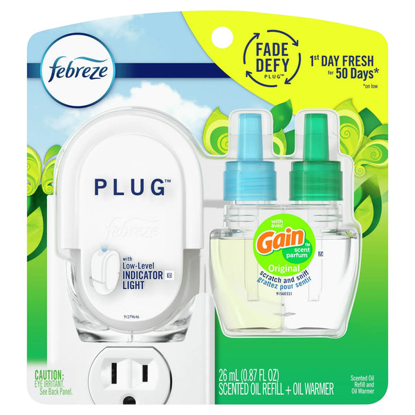 Plug In Air Freshener, Odor-Fighting Oil Kit, Gain Scent, Warmer + 1 Refill - 1 pack - plus 3 My Outlet Mall Resealable Storage Pouches