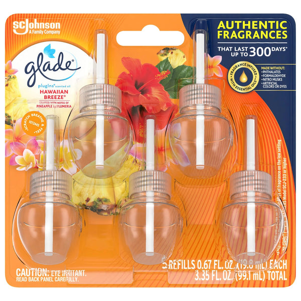 Plug-Ins Scented Oil, Hawaiian Breeze, Infused with Essential Oils, 5 Refills - 2 packs - plus 3 My Outlet Mall Resealable Storage Pouches