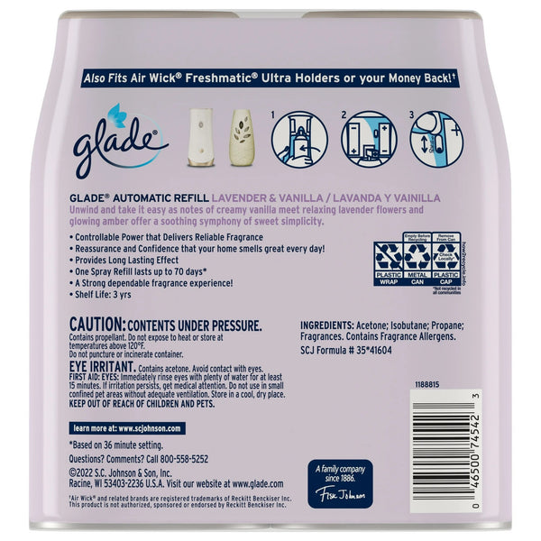 Automatic Spray Refills, Air Freshener, Infused with Essential Oils, Lavender & Vanilla - 2 packs - 2 count per pack - plus 3 My Outlet Mall Resealable Storage Pouches