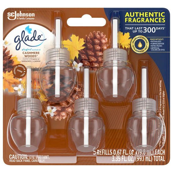 Plug-ins Scented Oil, Cashmere Woods, Fragrance Infused with Essential Oils, 5 Refills - 1 pack - plus 3 My Outlet Mall Resealable Storage Pouches