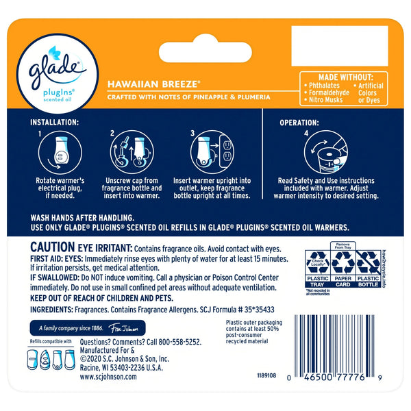Plug-Ins Scented Oil, Hawaiian Breeze, Infused with Essential Oils, 5 Refills - 2 packs - plus 3 My Outlet Mall Resealable Storage Pouches