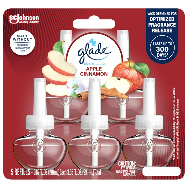 PlugIns Scented Oil 5 Refills, Air Freshener, Apple Cinnamon, Essential Oil Infused Wall Plug In, 3.35 FL oz - 1 pack - 5 Count per pack - plus 3 My Outlet Mall Resealable Storage Pouches