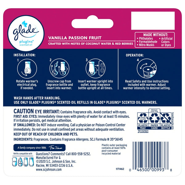 Plug-ins Scented Oil, Vanilla Passion Fruit, Infused with Essential Oils - 2 packs -plus 3 My Outlet Mall Resealable Storage Pouches