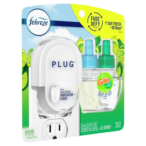 Plug In Air Freshener, Odor-Fighting Oil Kit, Gain Scent, Warmer + 1 Refill - 1 pack - plus 3 My Outlet Mall Resealable Storage Pouches