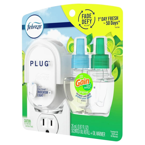 Plug In Air Freshener, Odor-Fighting Oil Kit, Gain Scent, Warmer + 1 Refill - 1 pack - plus 3 My Outlet Mall Resealable Storage Pouches