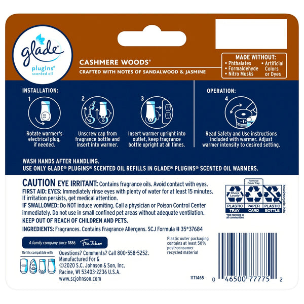 Plug-ins Scented Oil, Cashmere Woods, Fragrance Infused with Essential Oils, 5 Refills - 1 pack - plus 3 My Outlet Mall Resealable Storage Pouches