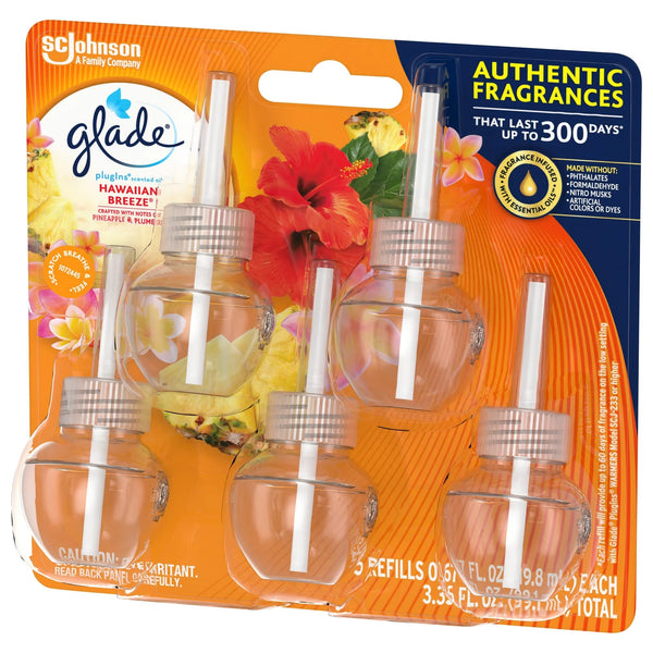Plug-Ins Scented Oil, Hawaiian Breeze, Infused with Essential Oils, 5 Refills - 2 packs - plus 3 My Outlet Mall Resealable Storage Pouches