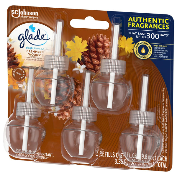 Plug-ins Scented Oil, Cashmere Woods, Fragrance Infused with Essential Oils, 5 Refills - 1 pack - plus 3 My Outlet Mall Resealable Storage Pouches