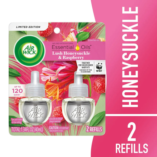 Plug-in Scented Oil Refill, Lush Honeysuckle & Raspberry, Air Freshener, 2 Refills - 1 pack - plus 3 My Outlet Mall Resealable Storage Pouches