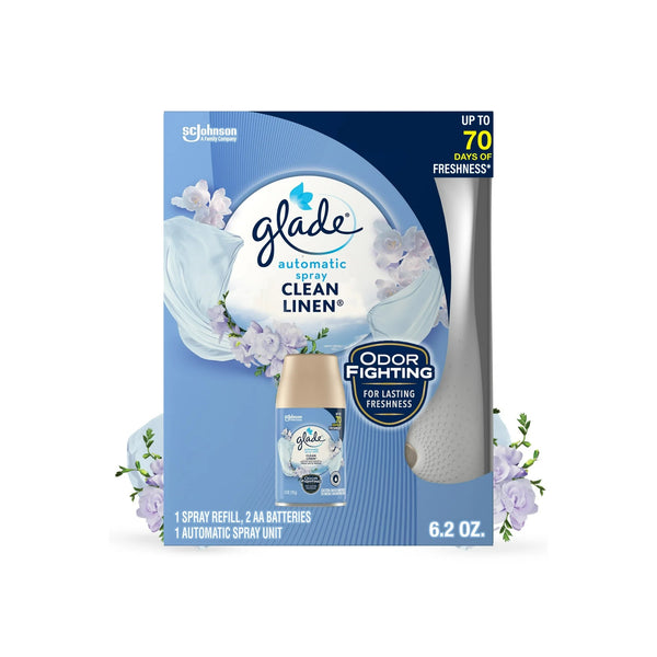Automatic Spray Air Freshener Starter Kit, 1 Holder and 1 Refill, Clean Linen, Fragrance Infused with Essential Oils - 1 pack - plus 3 My Outlet Mall Resealable Storage Pouches