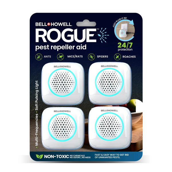 Rogue Ultrasonic Pest Repeller Aid for Home, Mouse Rodent Insect Bug Repellent - 2 packs - 4 Count - plus 3 My Outlet Mall Resealable Storage Pouches
