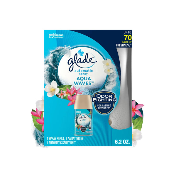 Automatic Spray Air Freshener Starter Kit, 1 Holder and 1 Refill, Aqua Waves, Fragrance Infused with Essential Oils - 2 packs -plus 3 My Outlet Mall Resealable Storage Pouches