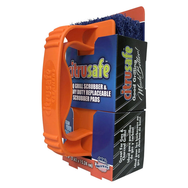 BBQ Grill Scrubber Handle & 3 Heavy Duty Replaceable Blue Nylon Scrubber Pads - 2 packs -  1 count per pack - plus 3 My Outlet Mall Resealable Storage Pouches