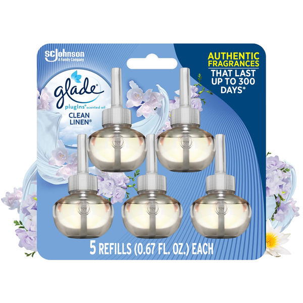 PlugIns Scented Oil, Air Freshener, Clean Linen, 0.67 oz - 1 pack - 5 Count per pack - plus 3 My Outlet Mall Resealable Storage Pouches