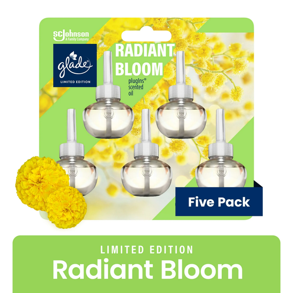PlugIns Scented Oil Air Freshener, Radiant Bloom Limited Edition, 3.35 oz - 2 packs - 5 Count  per pack - plus 3 My Outlet Mall Resealable Storage Pouches