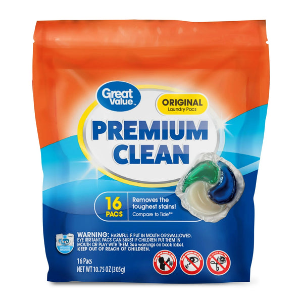 Premium Clean Laundry Pacs Original Scent - 1 pack - 16 Count - plus 3 My Outlet Mall Resealable Storage Pouches