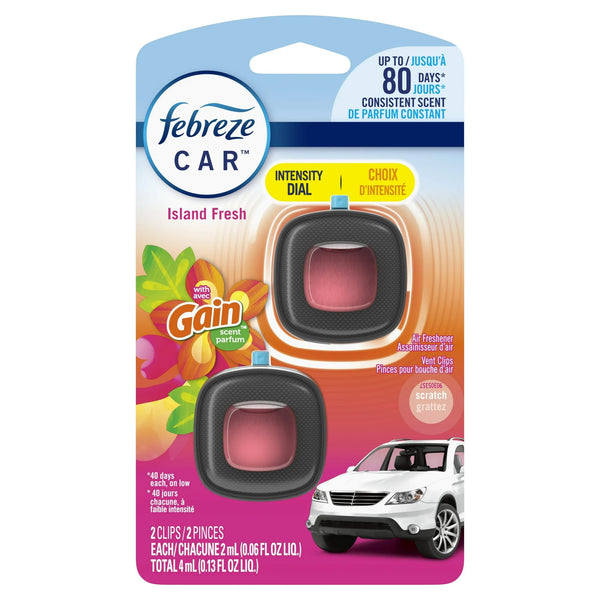 Car Air Freshener, Odor-Fighting Car Vent Clip, Gain Island Fresh, 2 Count - 1 pack - plus 3 My Outlet Mall Resealable Storage Pouches