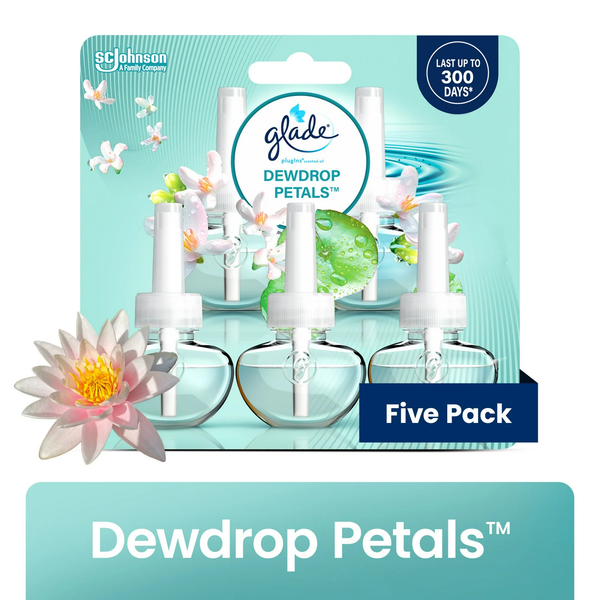 PlugIns Refills Air Freshener, Dewdrop Petals, 3.35 oz - 1 pack - 5 Count per pack - plus 3 My Outlet Mall Resealable Storage Pouches