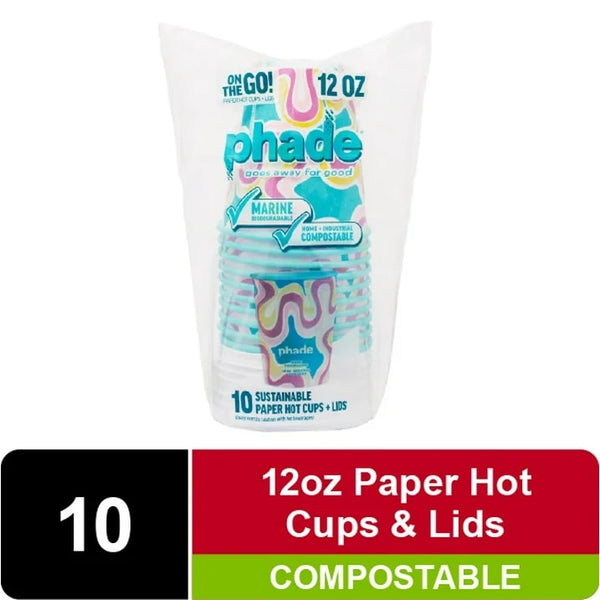 Marine Biodegradable and Compostable Paper Hot Cups with Lids, Squiggle Multi Color 12 oz - 1 pack - 10 Count per pack - plus 3 My Outlet Mall Resealable Storage Pouches