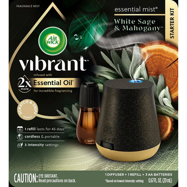 Essential Mist Vibrant Starter Kit, Diffuser + 1 Refill, White Sage and Mahogany - 2 packs - 1 count per pack - plus 3 My Outlet Mall Resealable Storage Pouches