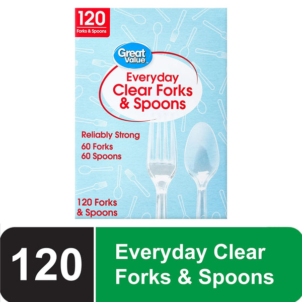 Plastic Everyday Clear Fork and Spoon Combo - 1 pack - 120 Count per pack - plus 3 My Outlet Mall Resealable Storage Pouches