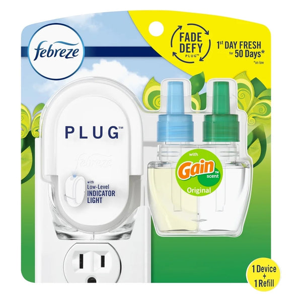 Plug In Air Freshener, Odor-Fighting Oil Kit, Gain Scent, Warmer + 1 Refill - 1 pack - plus 3 My Outlet Mall Resealable Storage Pouches