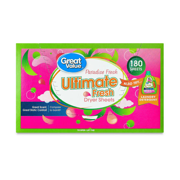 Ultimate Fresh Dryer Sheets, Paradise Fresh -2 pack - 180 count per pack - plus 3 My Outlet Mall Resealable Storage Pouches