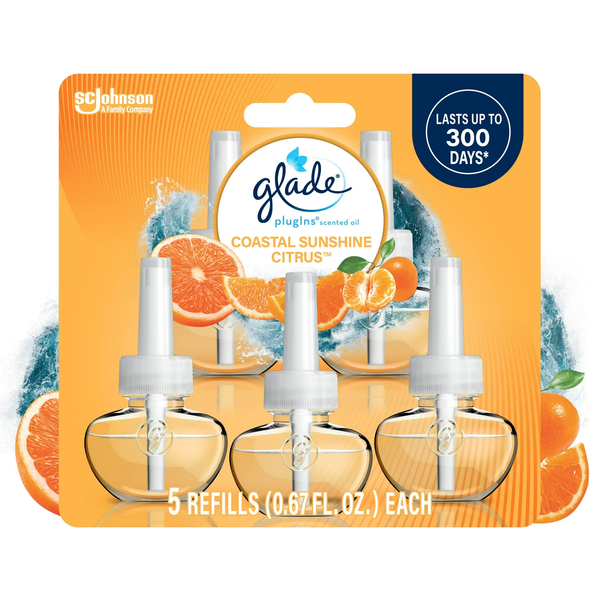 PlugIns Air Freshener Refills, Mothers Day Gifts, Coastal Sunshine Citrus, Infused with Essential Oils, 0.67 oz - 1 pack - 5 Count  per pack - plus 3 My Outlet Mall Resealable Storage Pouches