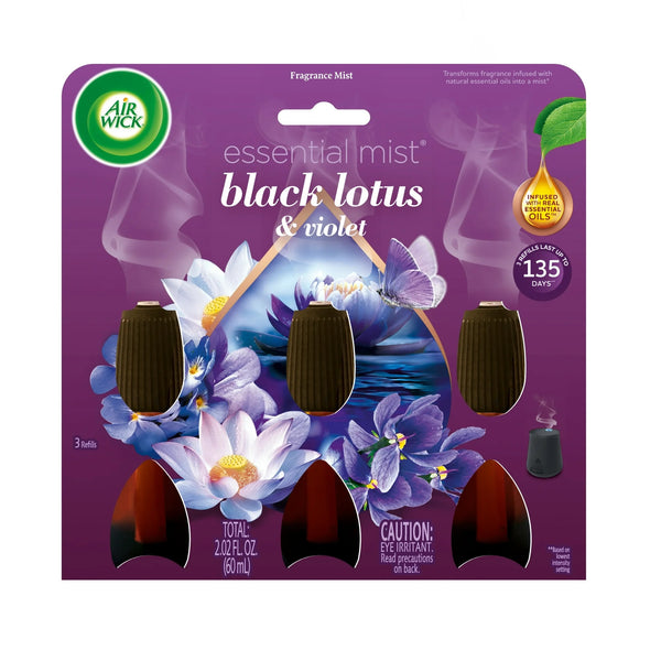 Essential Mist Refill, Black Lotus & Violet, Air Freshener, Essential Oils 3 count  - 2 packs - plus 3 My Outlet Mall Resealable Storage Pouches