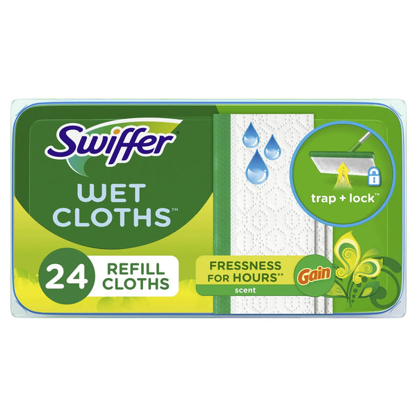 Sweep + Mop, Wet Pads Refill, Floor Cleaner, Cleaning Cloths, Gain - 1 pack - 24 count per pack - plus 3 My Outlet Mall Resealable Storage Pouches
