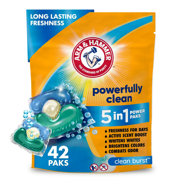 Clean Burst 5-in-1 Laundry Detergent Power Paks, Powerfully Clean, Clean Burst Scent - 2 packs - 42 Count - plus 3 My Outlet Mall Resealable Storage Pouches