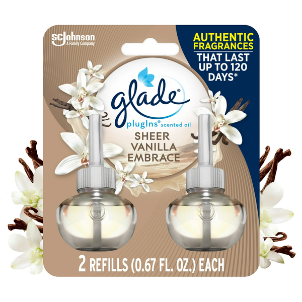 PlugIns Scented Oil, Sheer Vanilla Embrace, Infused with Essential Oils, 0.67 oz - 2 packs - 2 Count  per pack - plus 3 My Outlet Mall Resealable Storage Pouches