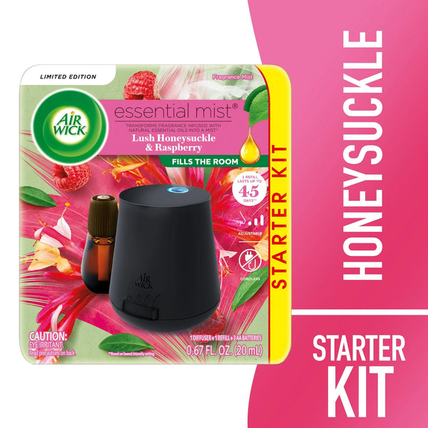 Essential Mist Starter Kit (Diffuser + Refill) Lush Honeysuckle and Raspberry Scent - 1 pack - plus 3 My Outlet Mall Resealable Storage Pouches