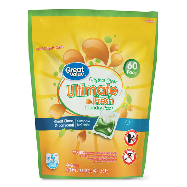 Ultimate Fresh Laundry Pacs, Original Clean- 1 pack - 60 count per pack - plus 3 My Outlet Mall Resealable Storage Pouches