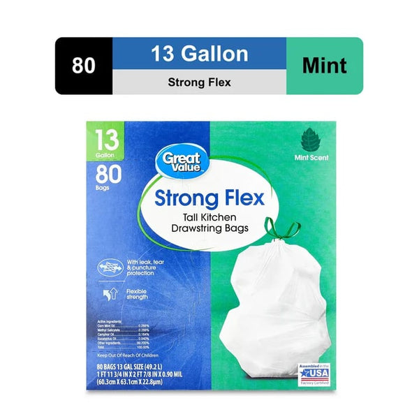 Strong Flex Tall Kitchen Drawstring Bags, Mint Scent, 13 Gallon - 1 pack - 80 Count per pack - plus 3 My Outlet Mall Resealable Storage Pouches