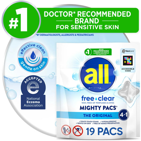 Mighty Pacs Laundry Detergent Pacs, Free Clear for Sensitive Skin, Unscented and Dye Free - 1 pack - 19 Count - plus 3 My Outlet Mall Resealable Storage Pouches